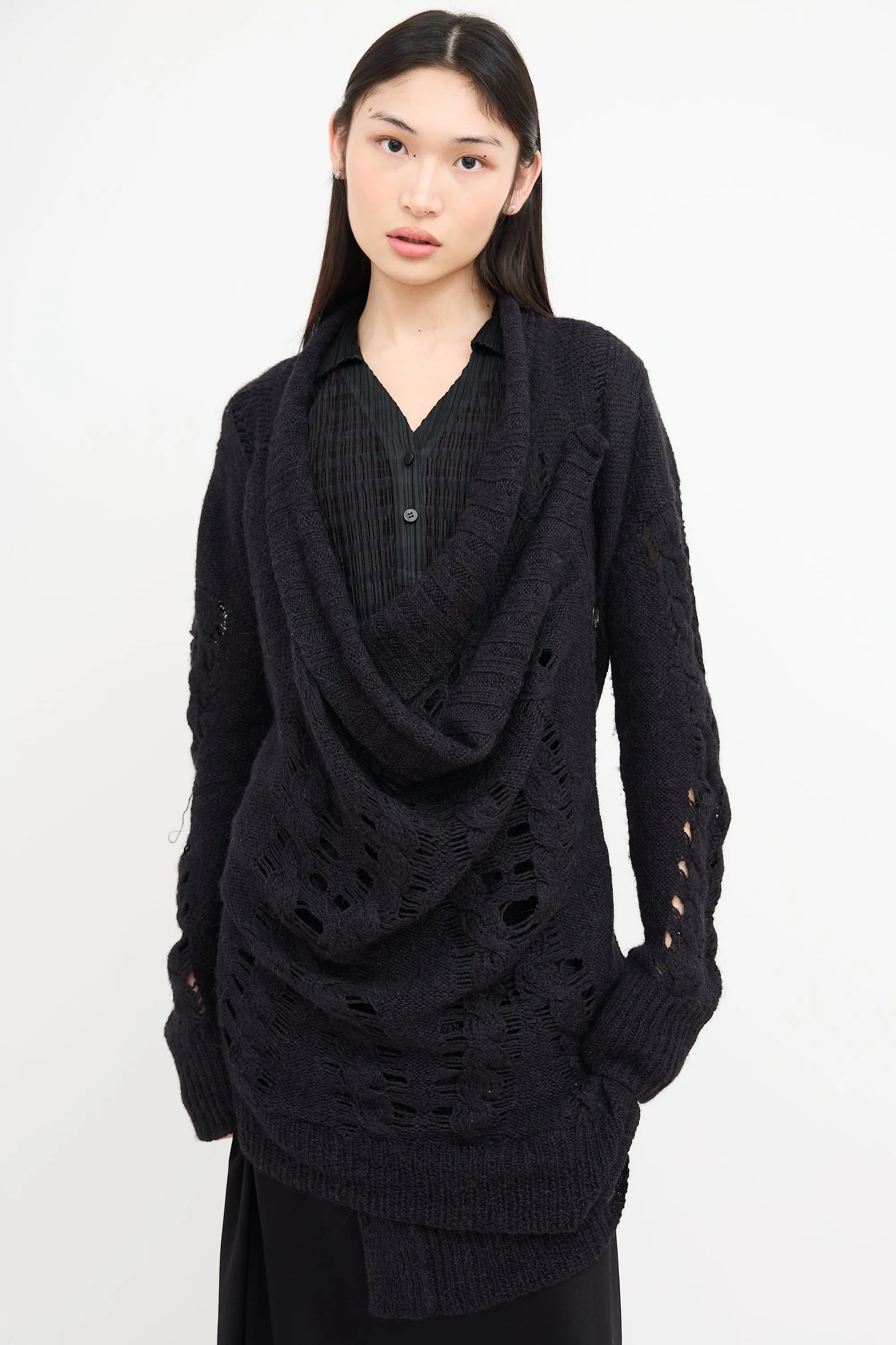 Black Wool Knit Asymmetrical Cardigan