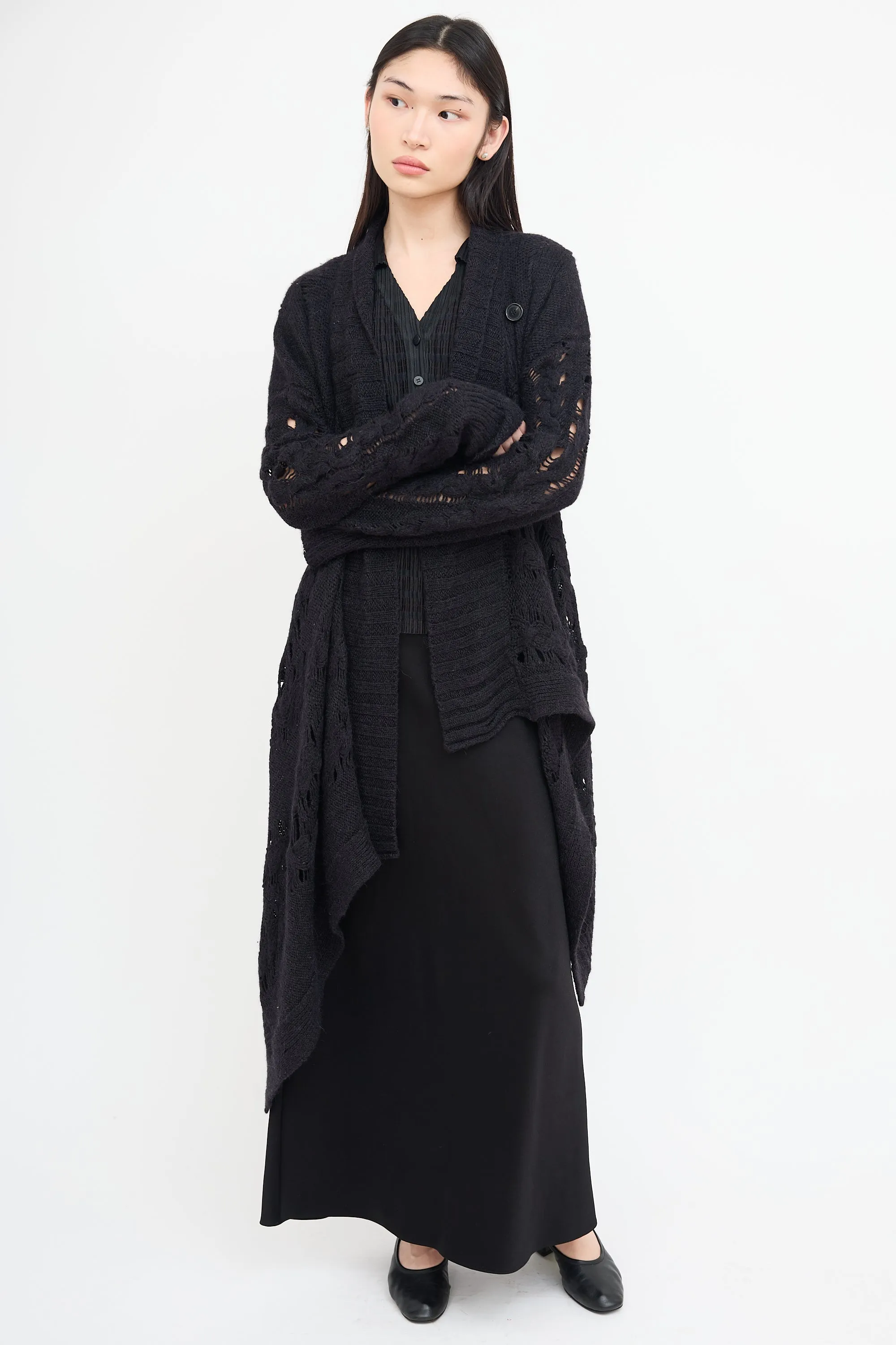 Black Wool Knit Asymmetrical Cardigan