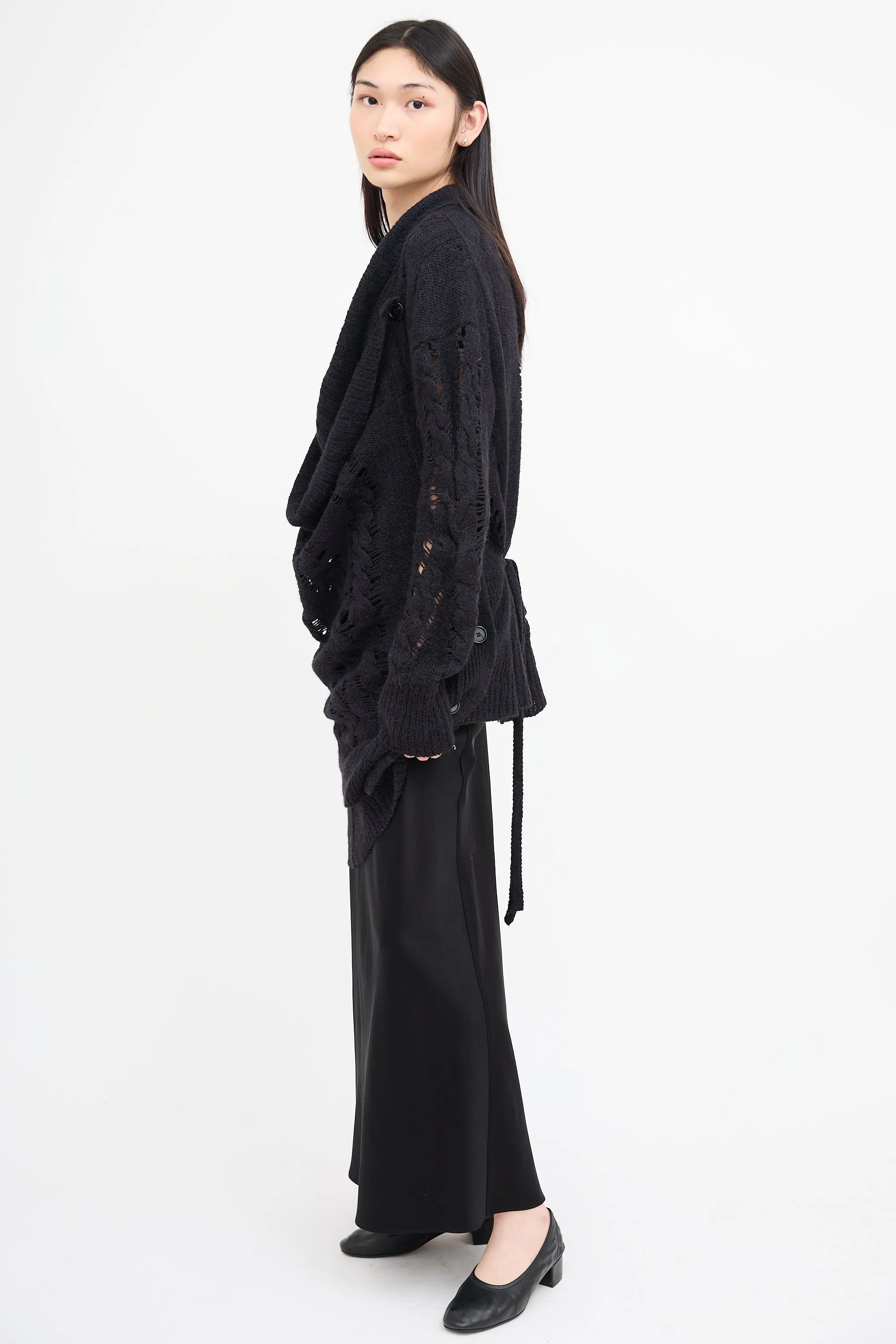 Black Wool Knit Asymmetrical Cardigan