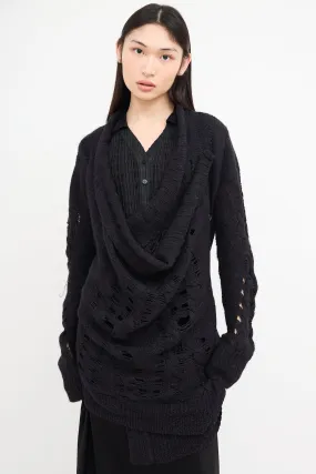 Black Wool Knit Asymmetrical Cardigan