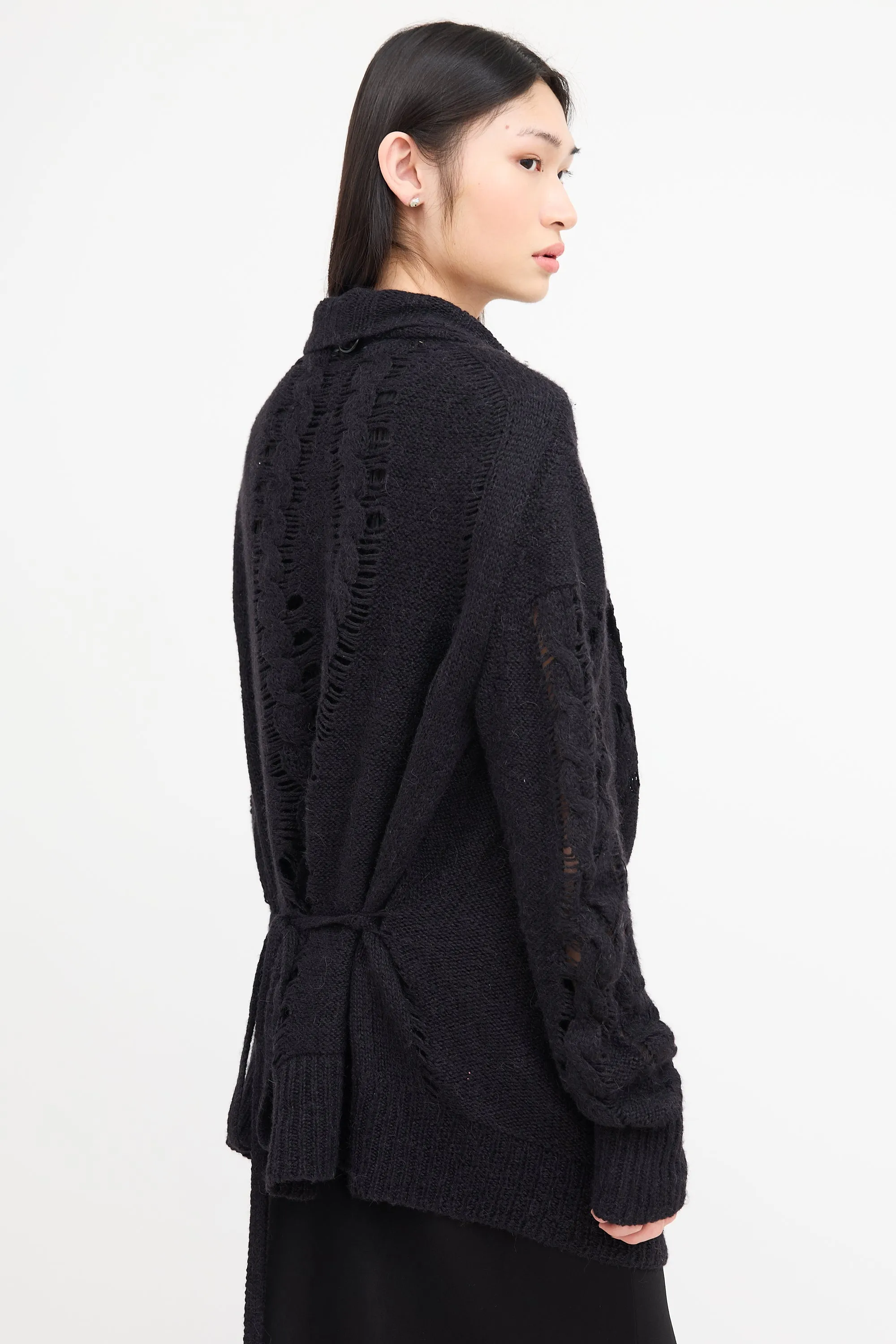 Black Wool Knit Asymmetrical Cardigan