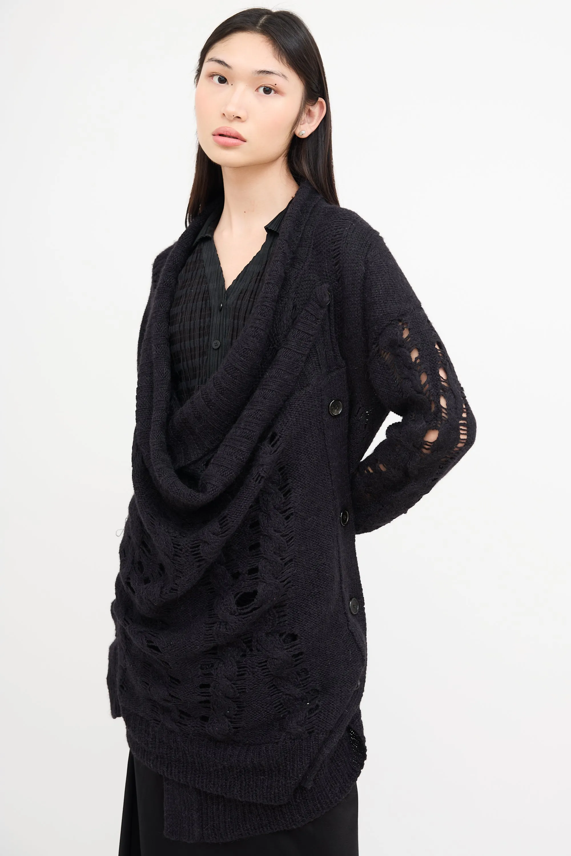Black Wool Knit Asymmetrical Cardigan