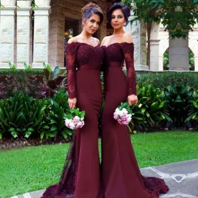 Burgundy Mermaid Long Sleeve Lace Top Long Bridesmaid Dresses
