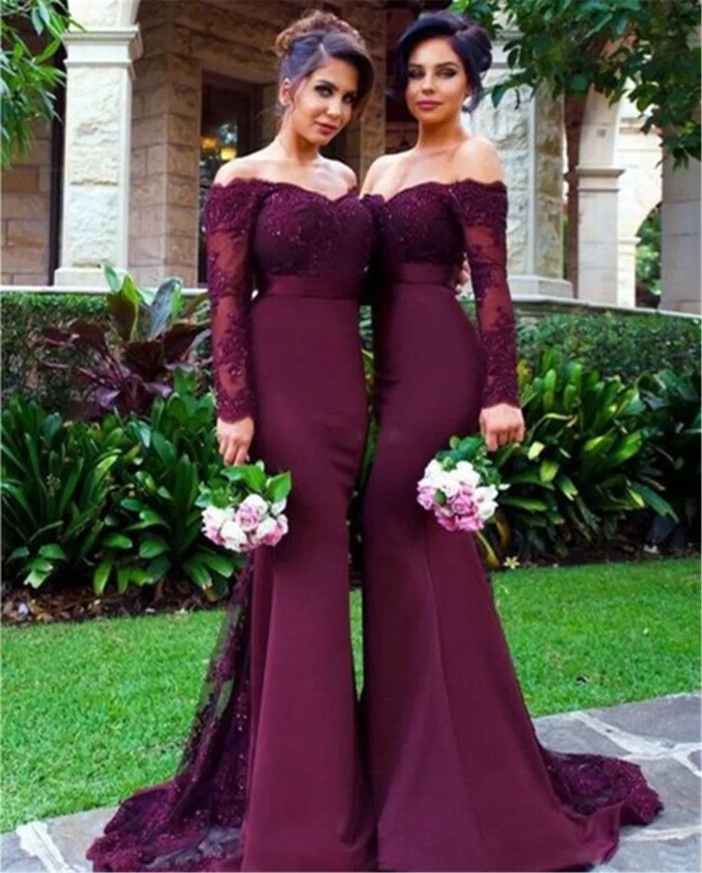 Burgundy Mermaid Long Sleeve Lace Top Long Bridesmaid Dresses