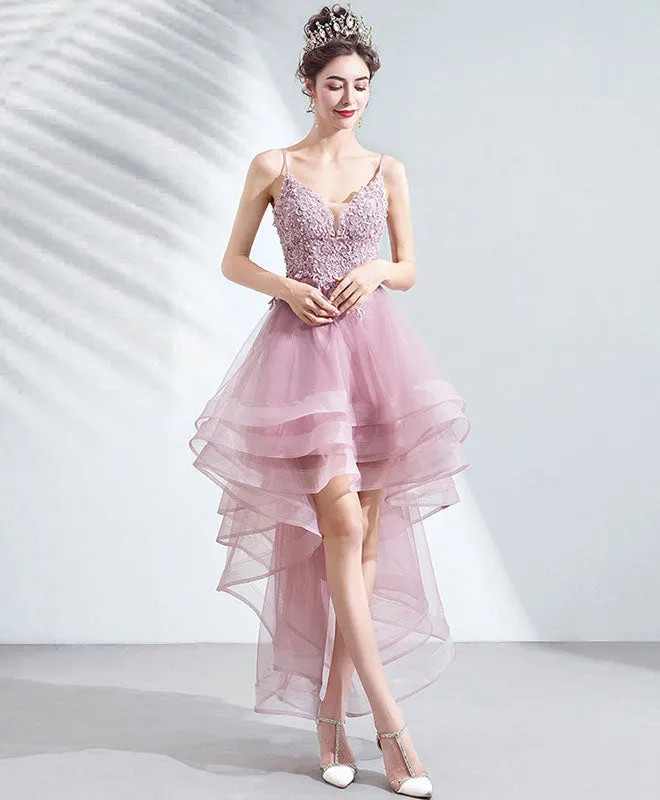 Burgundy Tulle Lace High Low Prom Dress Lace Homecoming Dress