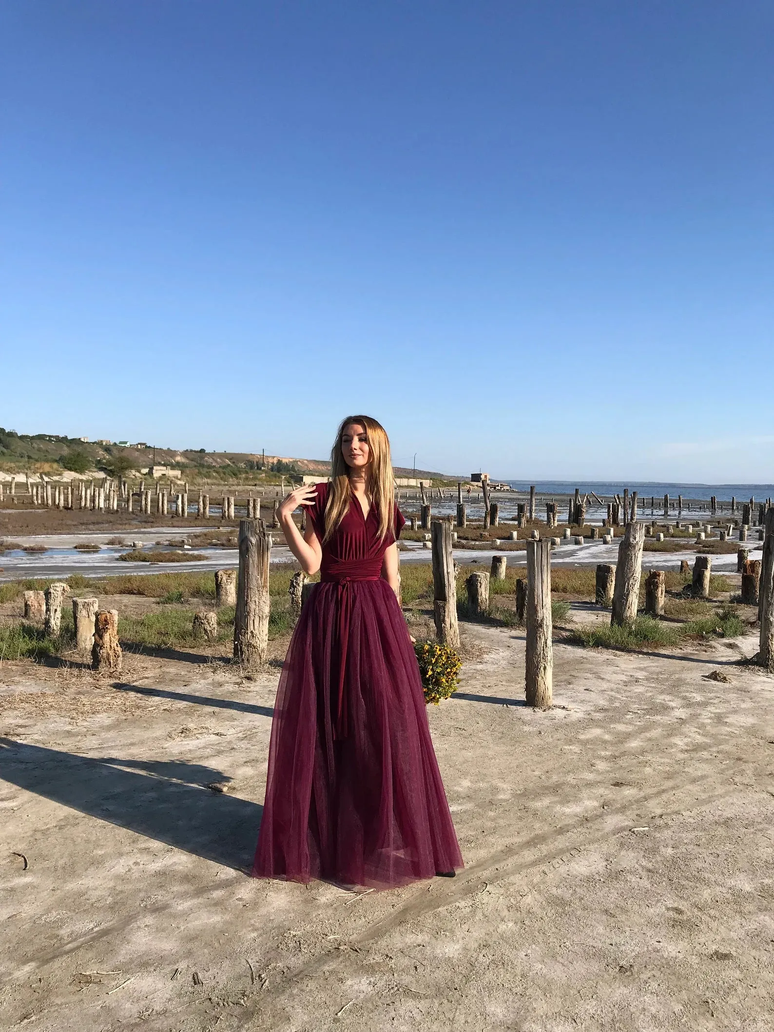 Burgundy Tulle Prom Dress Long ,Red Modest Evening Dress