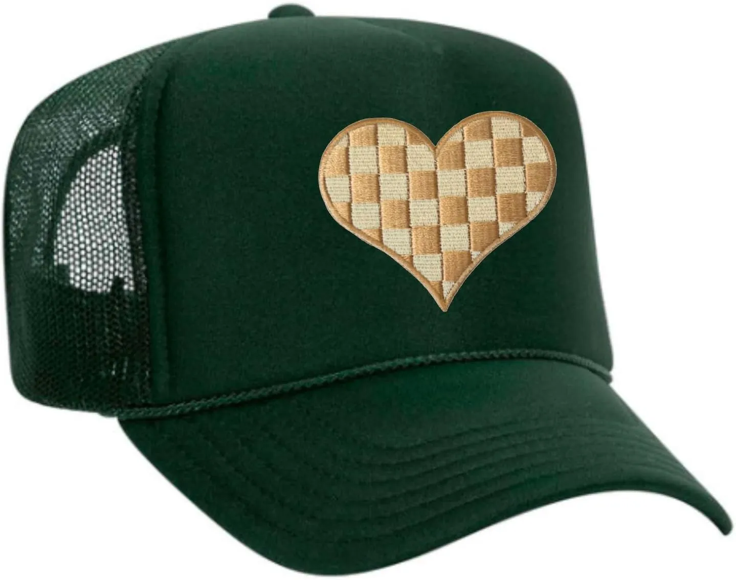 Checkered Heart Patch Trucker Hat - Tan/Cream