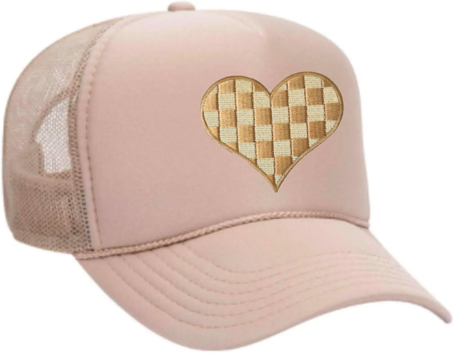 Checkered Heart Patch Trucker Hat - Tan/Cream