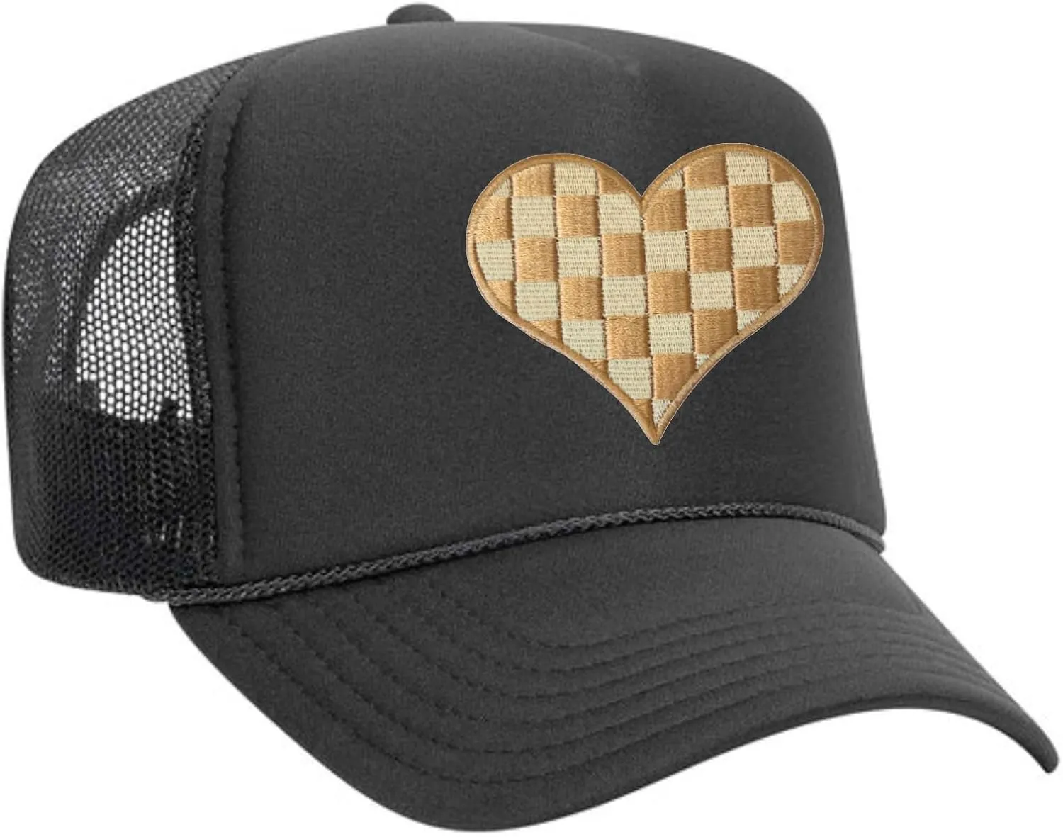 Checkered Heart Patch Trucker Hat - Tan/Cream