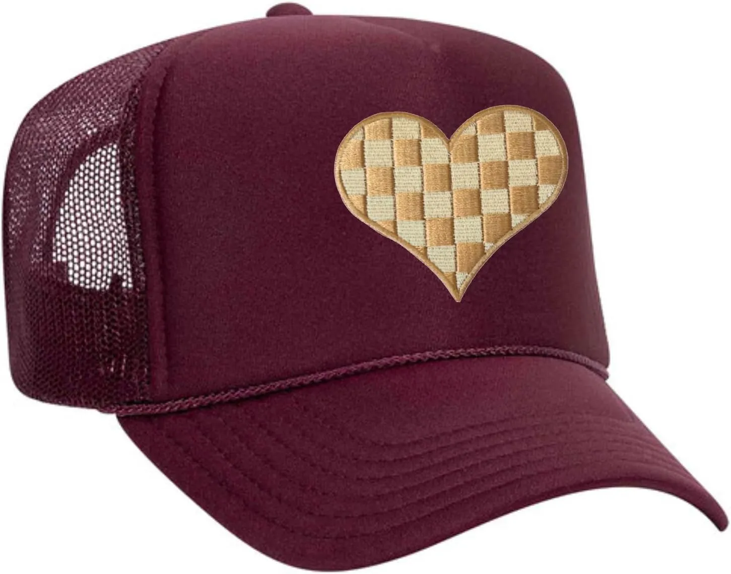 Checkered Heart Patch Trucker Hat - Tan/Cream