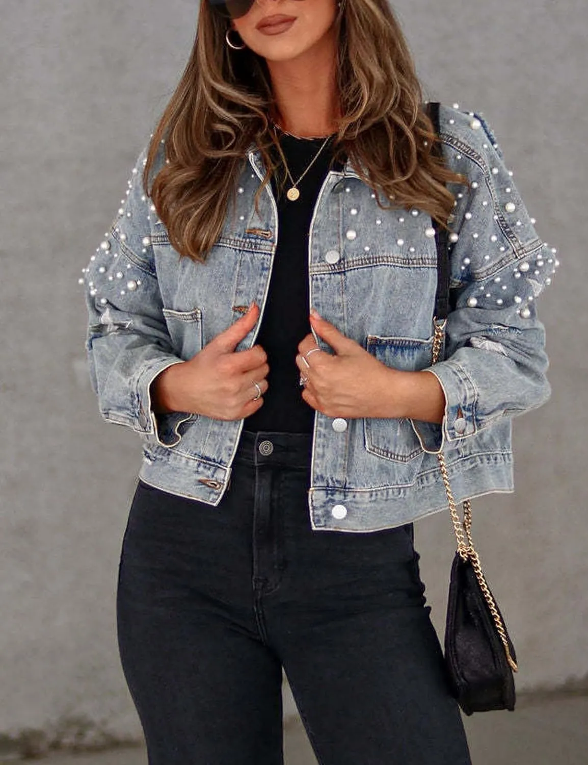 Esmeling Womens Cropped Pearls Beading Jean Jacket Ripped Star Embroidered Denim Jacket Coat