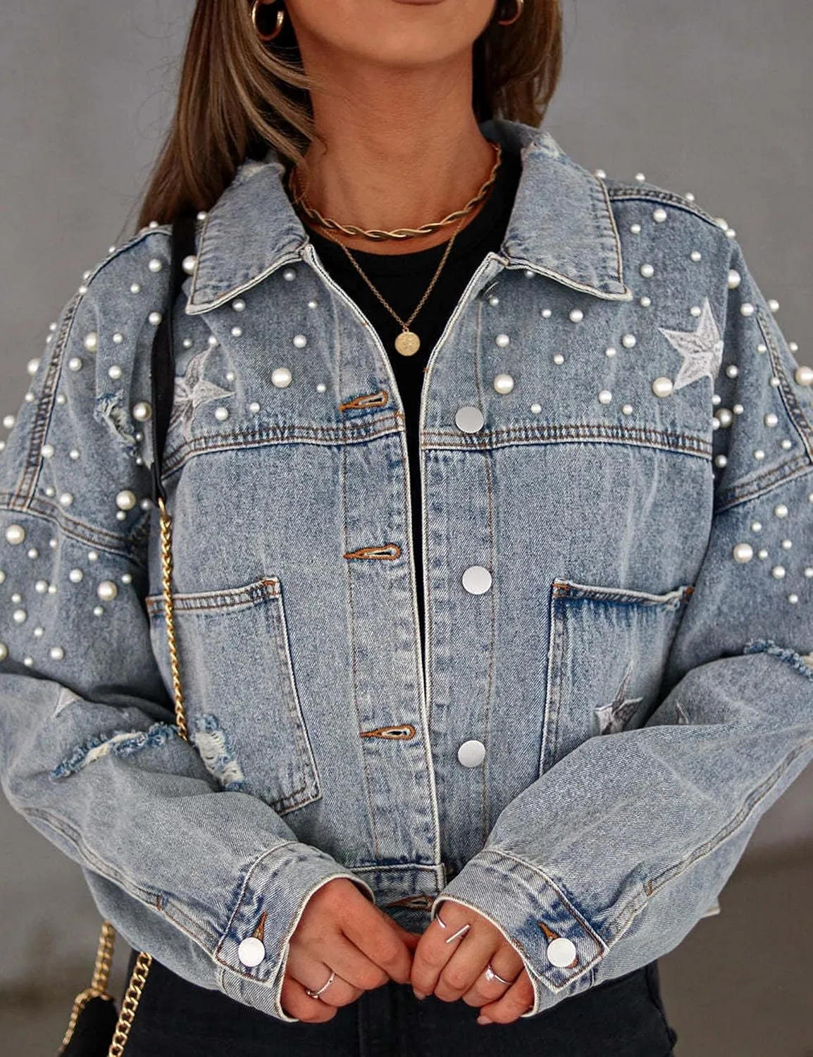 Esmeling Womens Cropped Pearls Beading Jean Jacket Ripped Star Embroidered Denim Jacket Coat