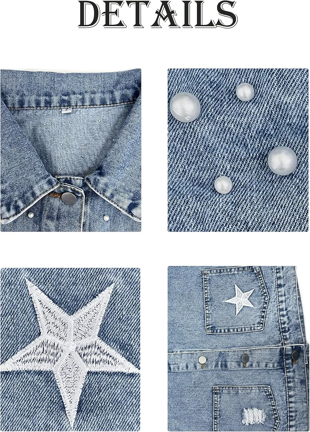 Esmeling Womens Cropped Pearls Beading Jean Jacket Ripped Star Embroidered Denim Jacket Coat