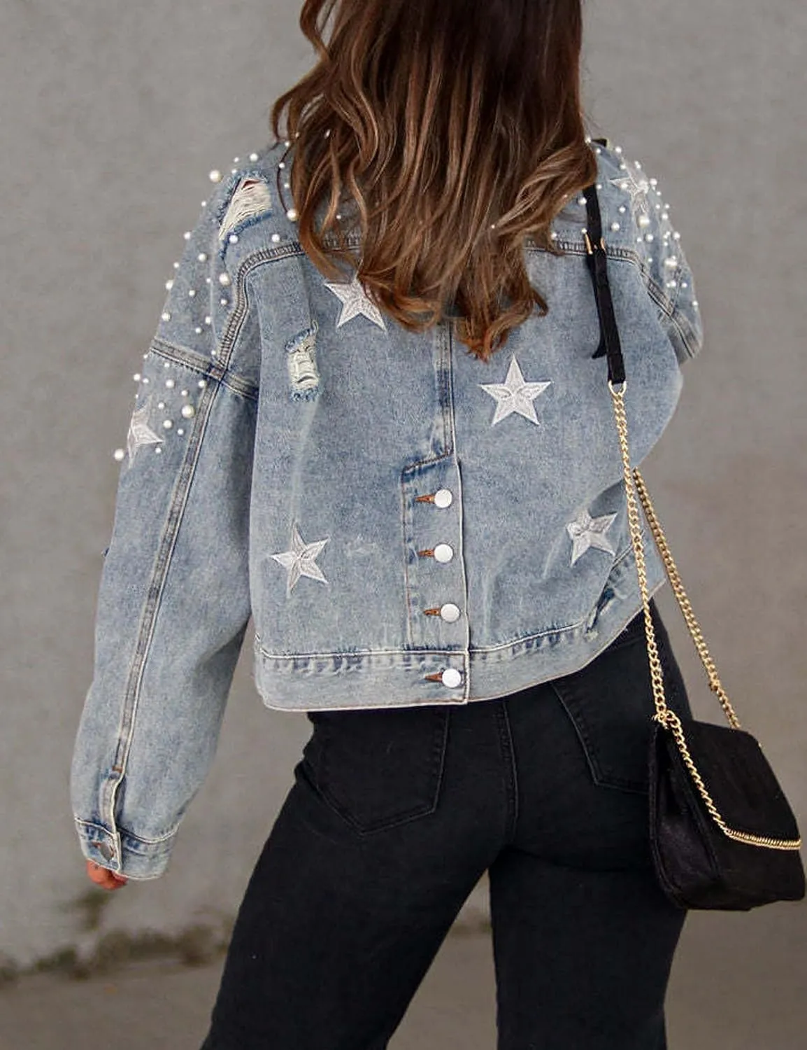 Esmeling Womens Cropped Pearls Beading Jean Jacket Ripped Star Embroidered Denim Jacket Coat