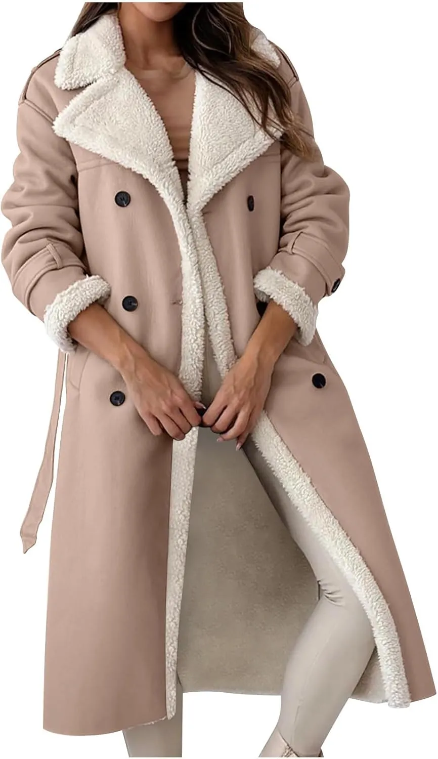 Faux Leather Jacket Women Sherpa Lined Winter Coats Belted Fleece Jackets Warm Furry Outerwear Suede Overcoat