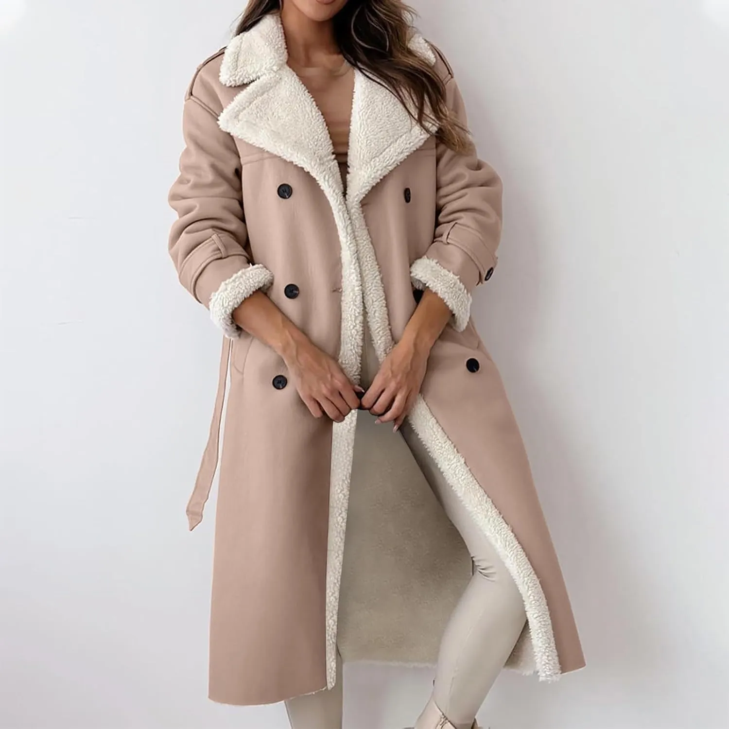 Faux Leather Jacket Women Sherpa Lined Winter Coats Belted Fleece Jackets Warm Furry Outerwear Suede Overcoat