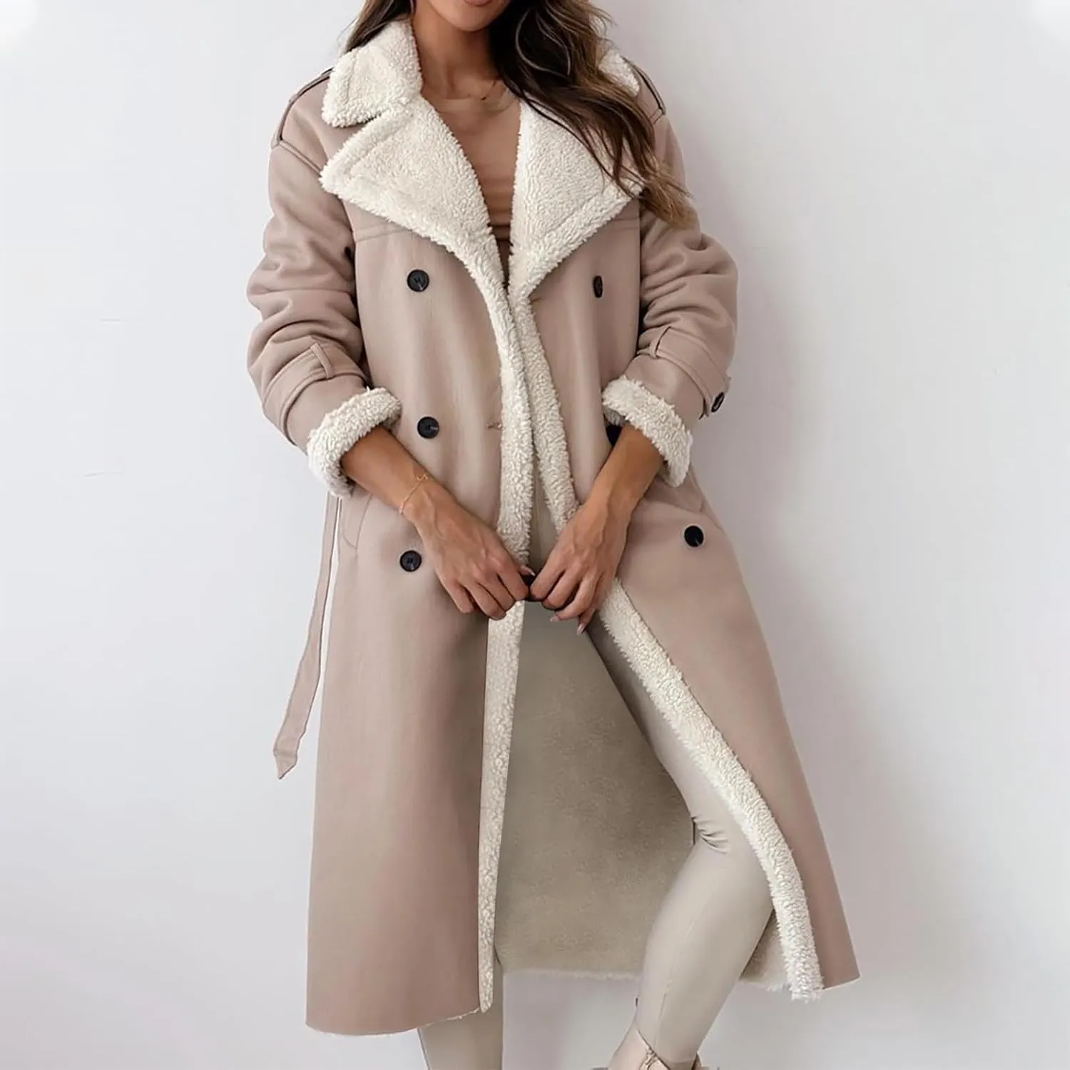 Faux Leather Jacket Women Sherpa Lined Winter Coats Belted Fleece Jackets Warm Furry Outerwear Suede Overcoat