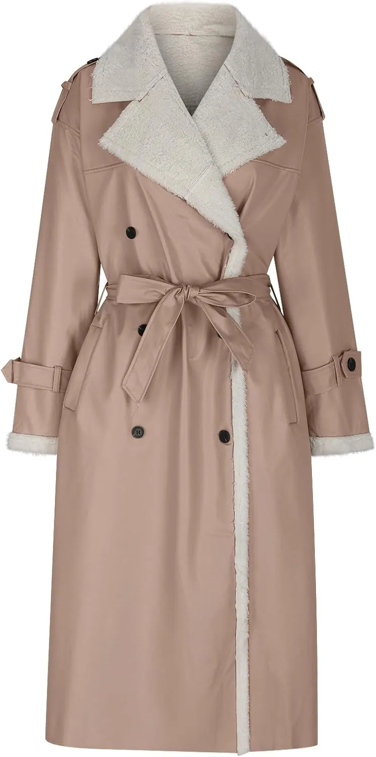 Faux Leather Jacket Women Sherpa Lined Winter Coats Belted Fleece Jackets Warm Furry Outerwear Suede Overcoat