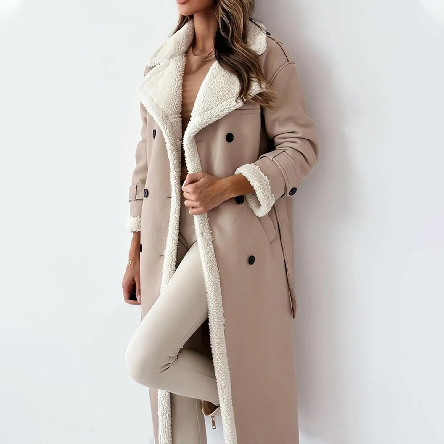 Faux Leather Jacket Women Sherpa Lined Winter Coats Belted Fleece Jackets Warm Furry Outerwear Suede Overcoat