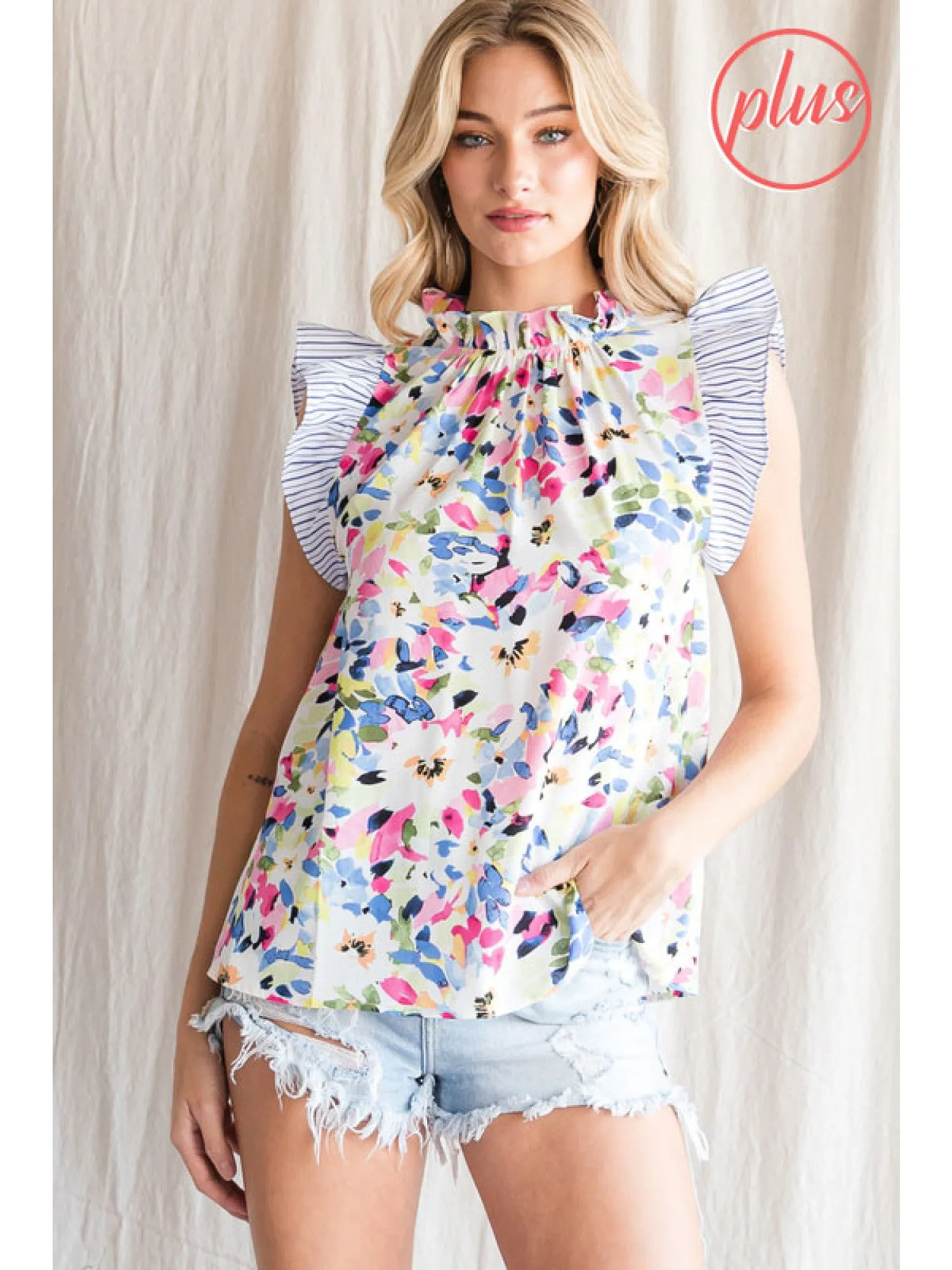 Floral & Stripe Ruffle Sleeve Top