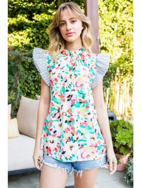 Floral & Stripe Ruffle Sleeve Top