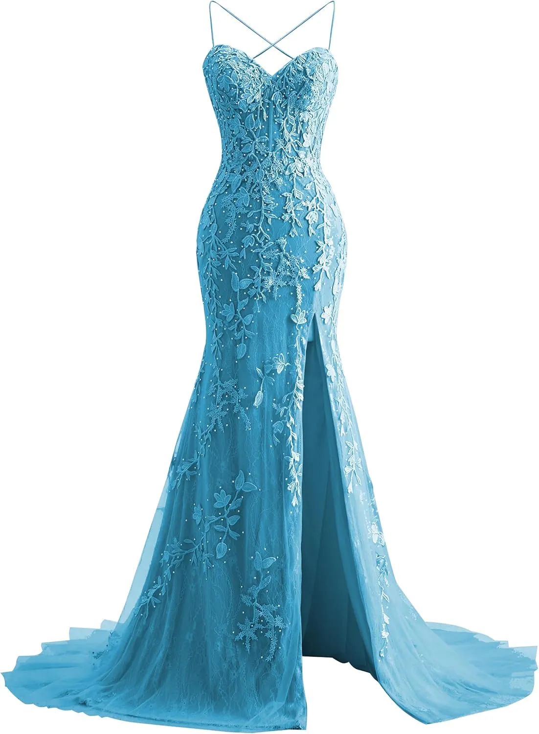 Fokissy Mermaid Prom Dresses with Slit 2025 Lace Applique Tulle Sweetheart Formal Evening Gown