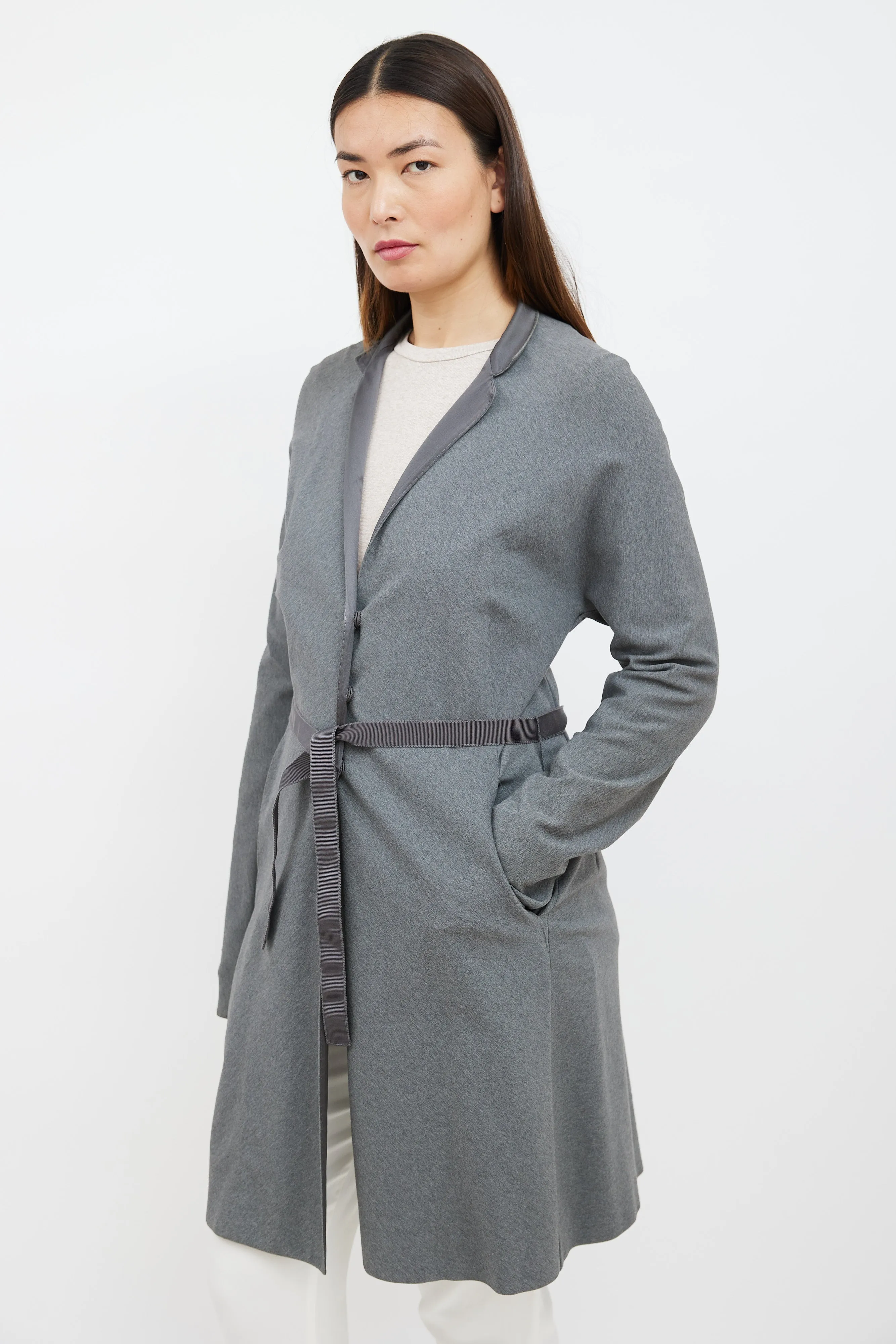 Grey Silk Collar Belted Coat