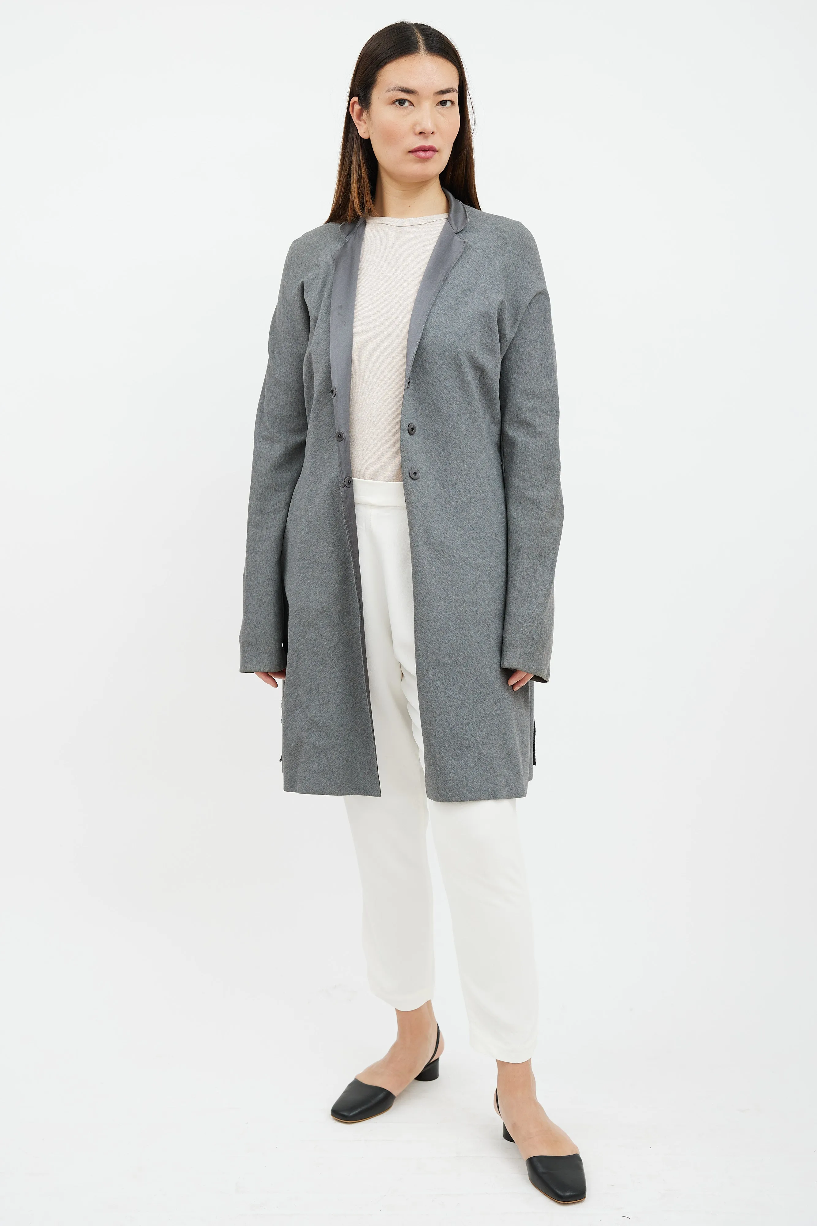 Grey Silk Collar Belted Coat