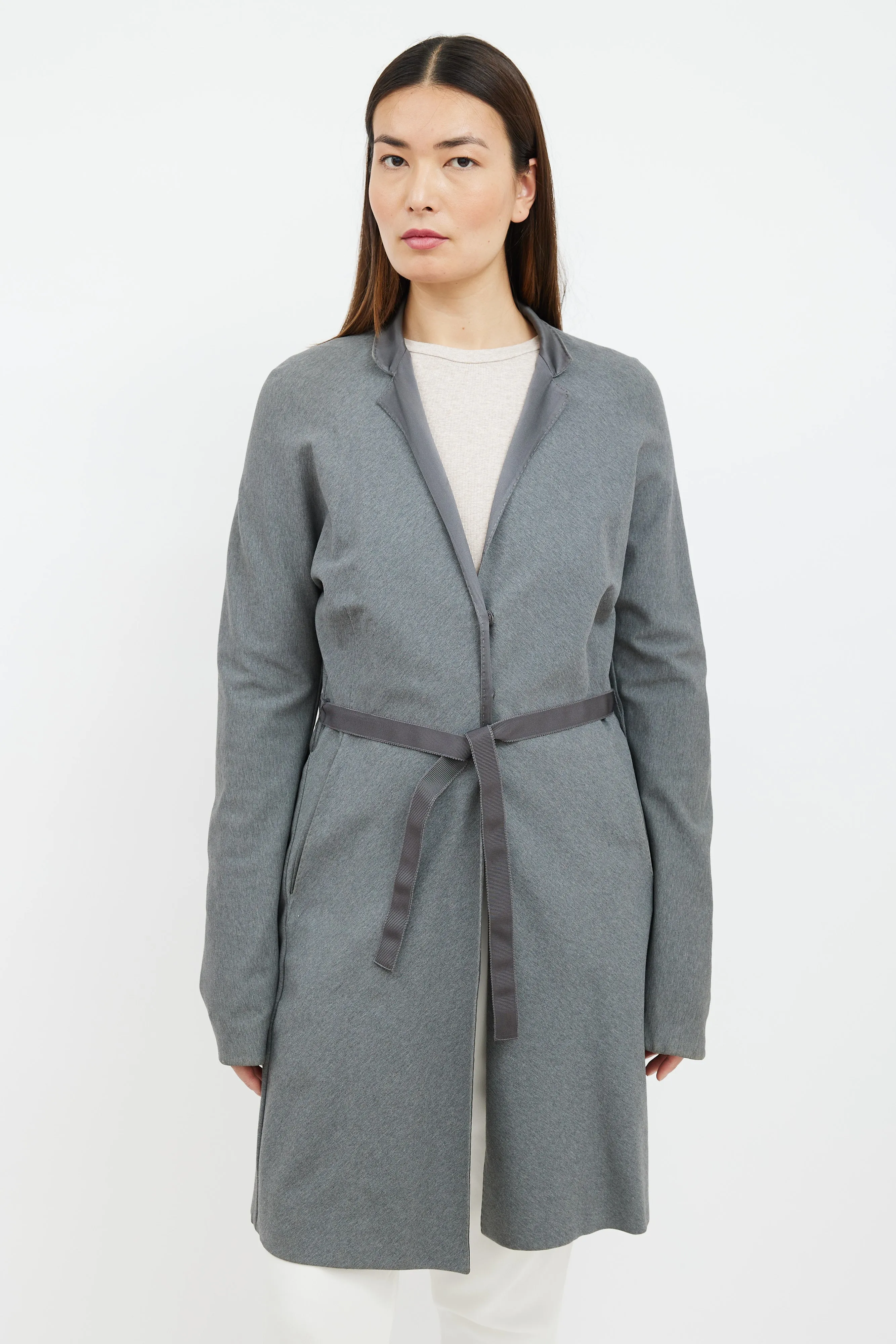 Grey Silk Collar Belted Coat
