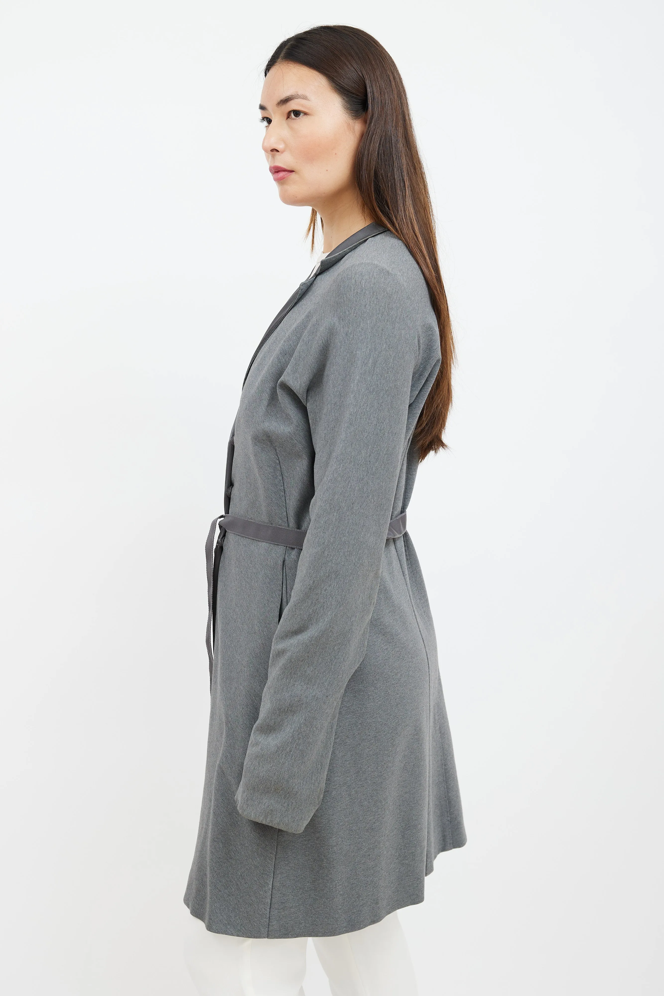 Grey Silk Collar Belted Coat
