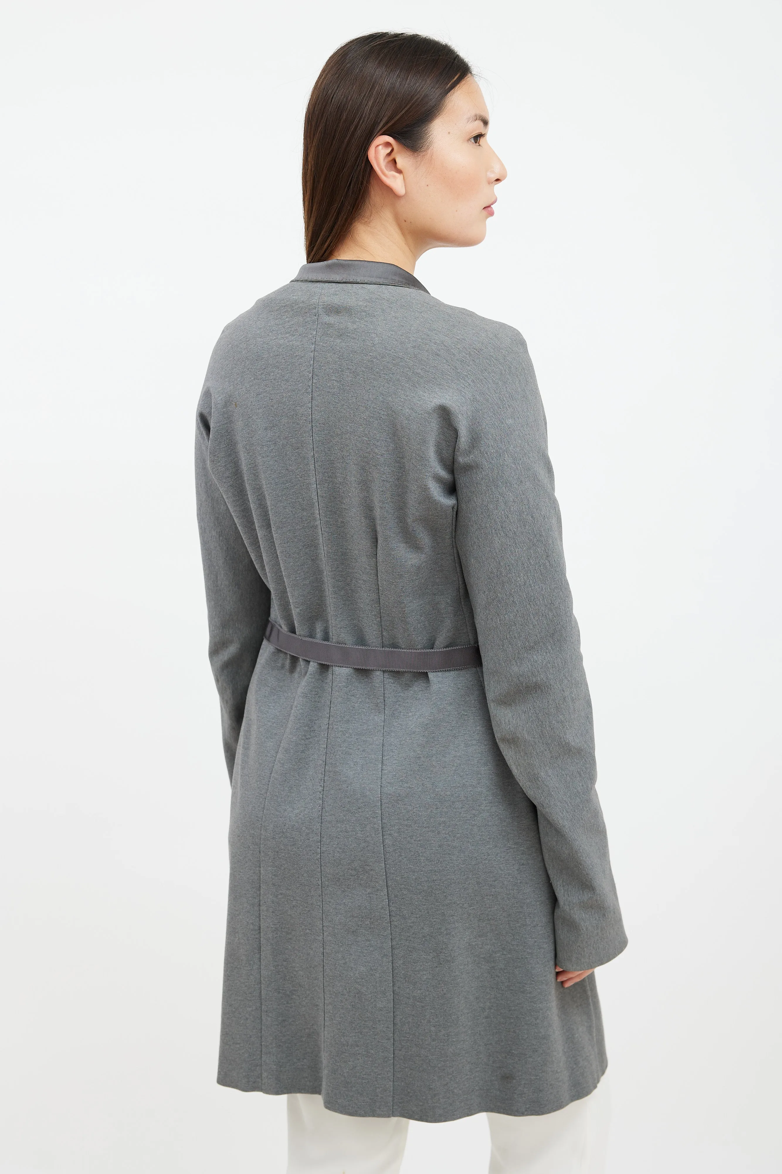 Grey Silk Collar Belted Coat