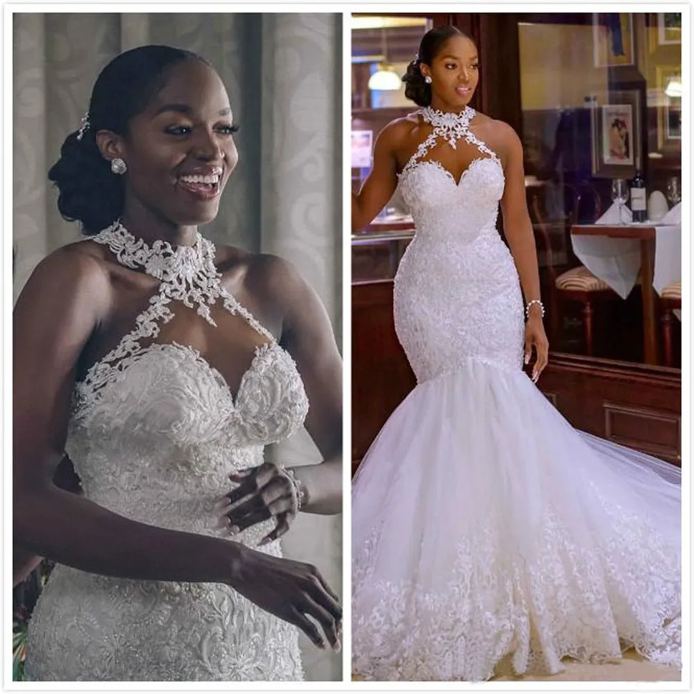 Linzy Lace Beaded Mermaid Trumpet Halter Neck wedding dress