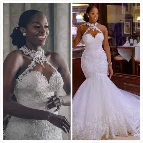 Linzy Lace Beaded Mermaid Trumpet Halter Neck wedding dress