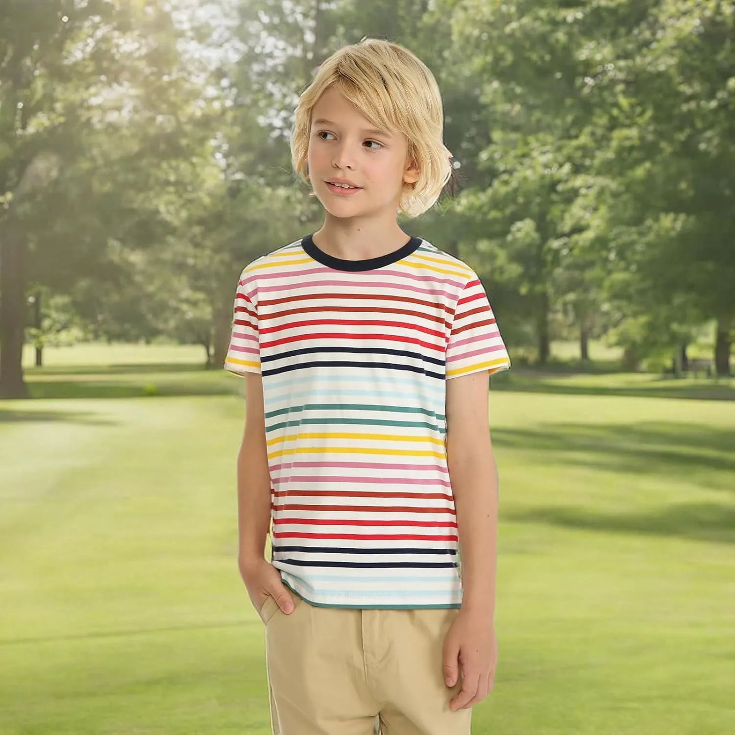 LittleSpring Boys Girls T Shirt Rainbow Striped Cotton Crewneck Tees for Kids Fashion