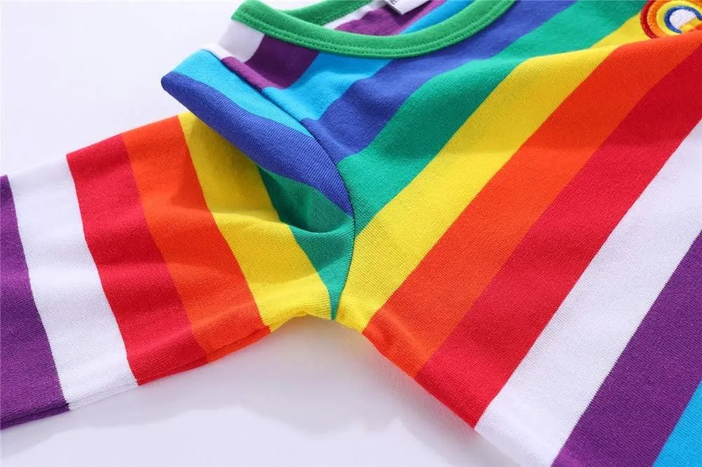 LittleSpring Boys Girls T Shirt Rainbow Striped Cotton Crewneck Tees for Kids Fashion