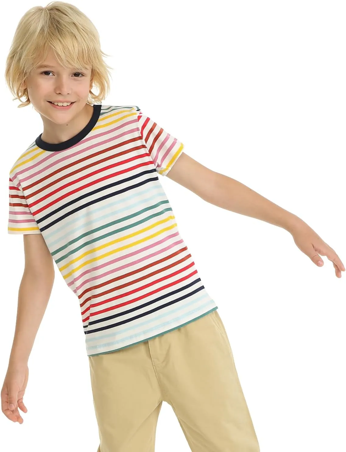 LittleSpring Boys Girls T Shirt Rainbow Striped Cotton Crewneck Tees for Kids Fashion