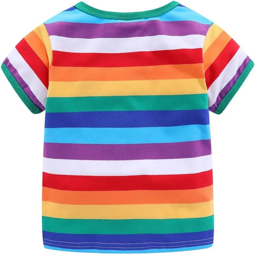 LittleSpring Boys Girls T Shirt Rainbow Striped Cotton Crewneck Tees for Kids Fashion