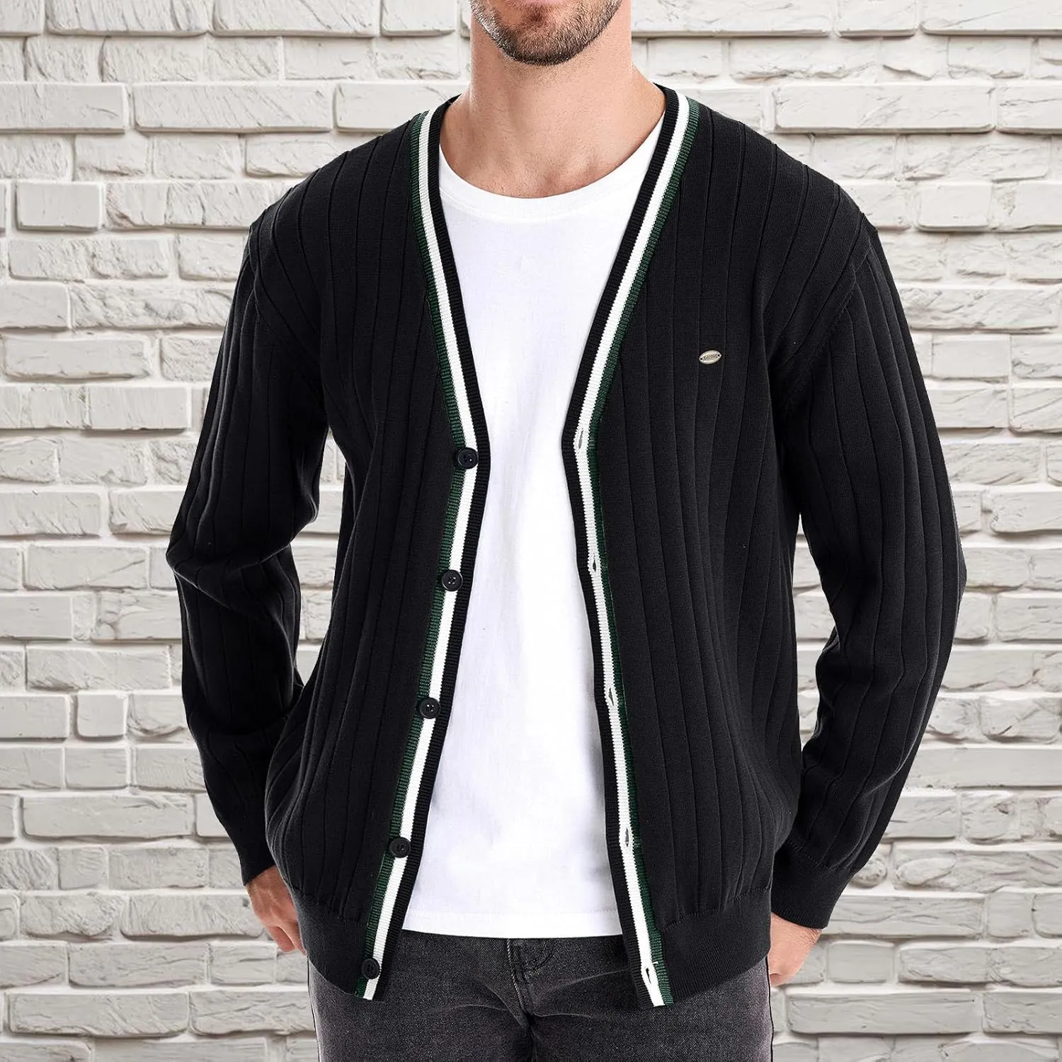 Men Ribbed Button Down Sweaters Casual Long Sleeve V Neck Knitted Cardigan Lightweight Sweater Coats Preppy Clothes
