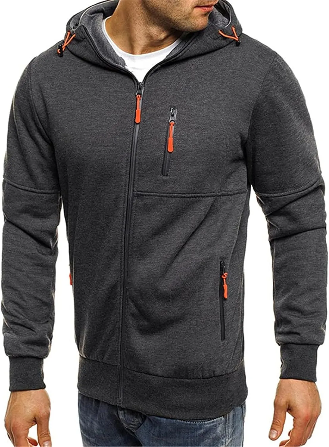 Men's Casual Fleece Hooded Sweatshirts Jackets Full Zip Long Sleeve Sport Cardigan Coats with Arm Zipper Pockets