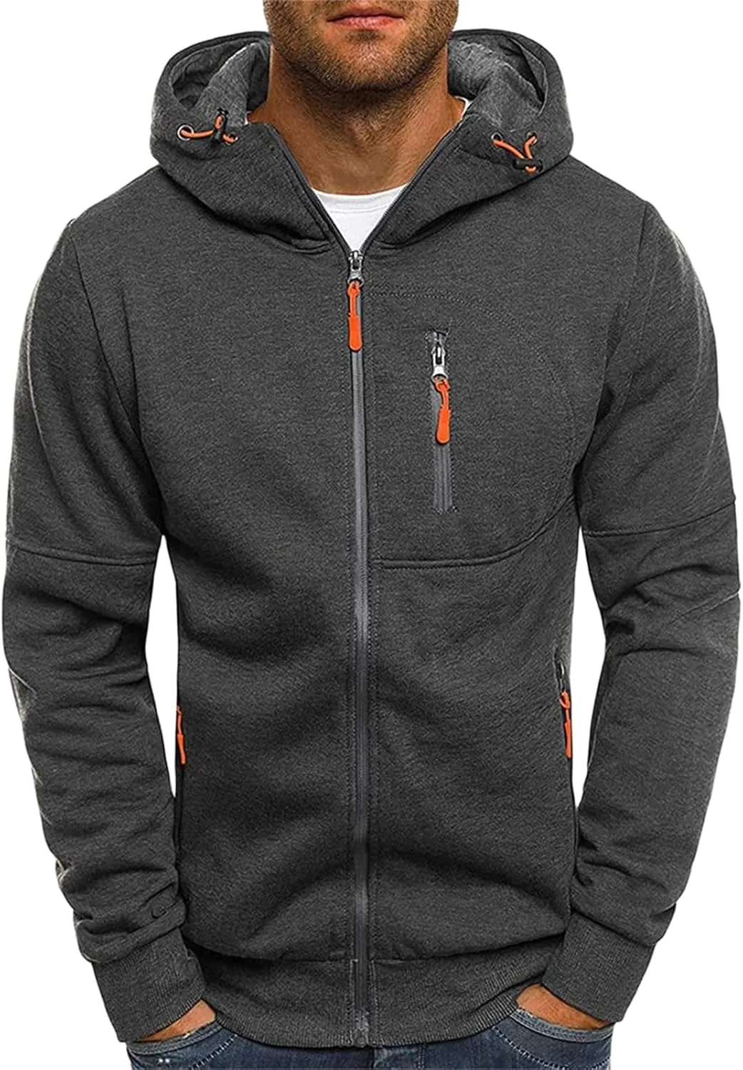 Men's Casual Fleece Hooded Sweatshirts Jackets Full Zip Long Sleeve Sport Cardigan Coats with Arm Zipper Pockets