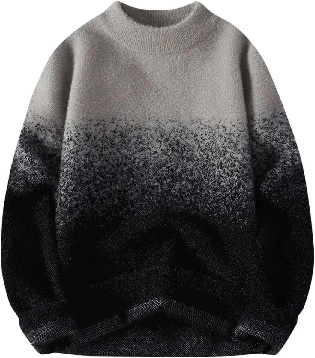 Men's Fuzzy Knit Gradient Sweater Oversized Sweaters Crew Neck Long Sleeve Unisex Casual Tunic Pullover Streetwear
