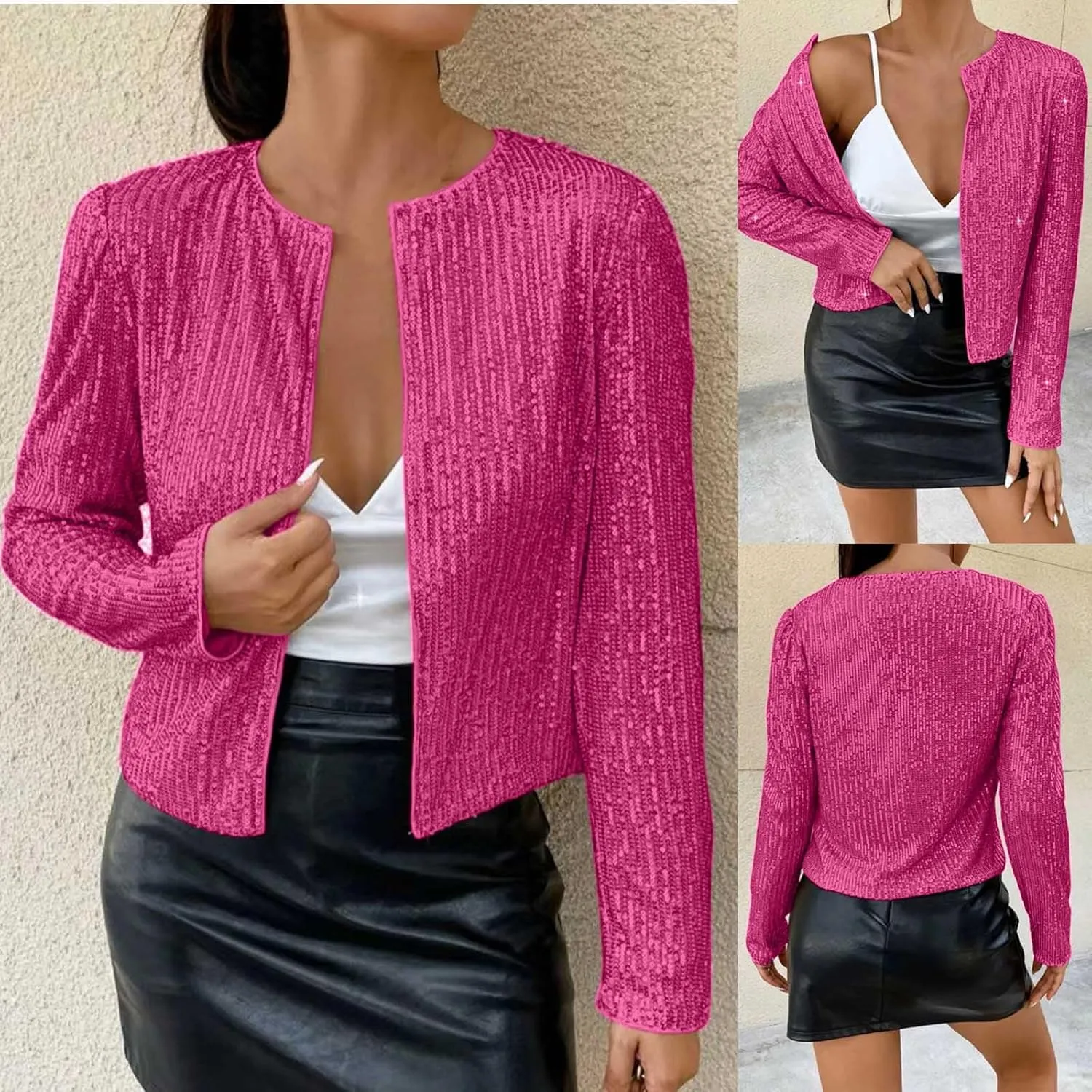 Plus Size Sequin Jacket Women Fashion Sparkle Cardigan Coat Long Sleeve Glitter Jackets Sparkly Blazer for Party