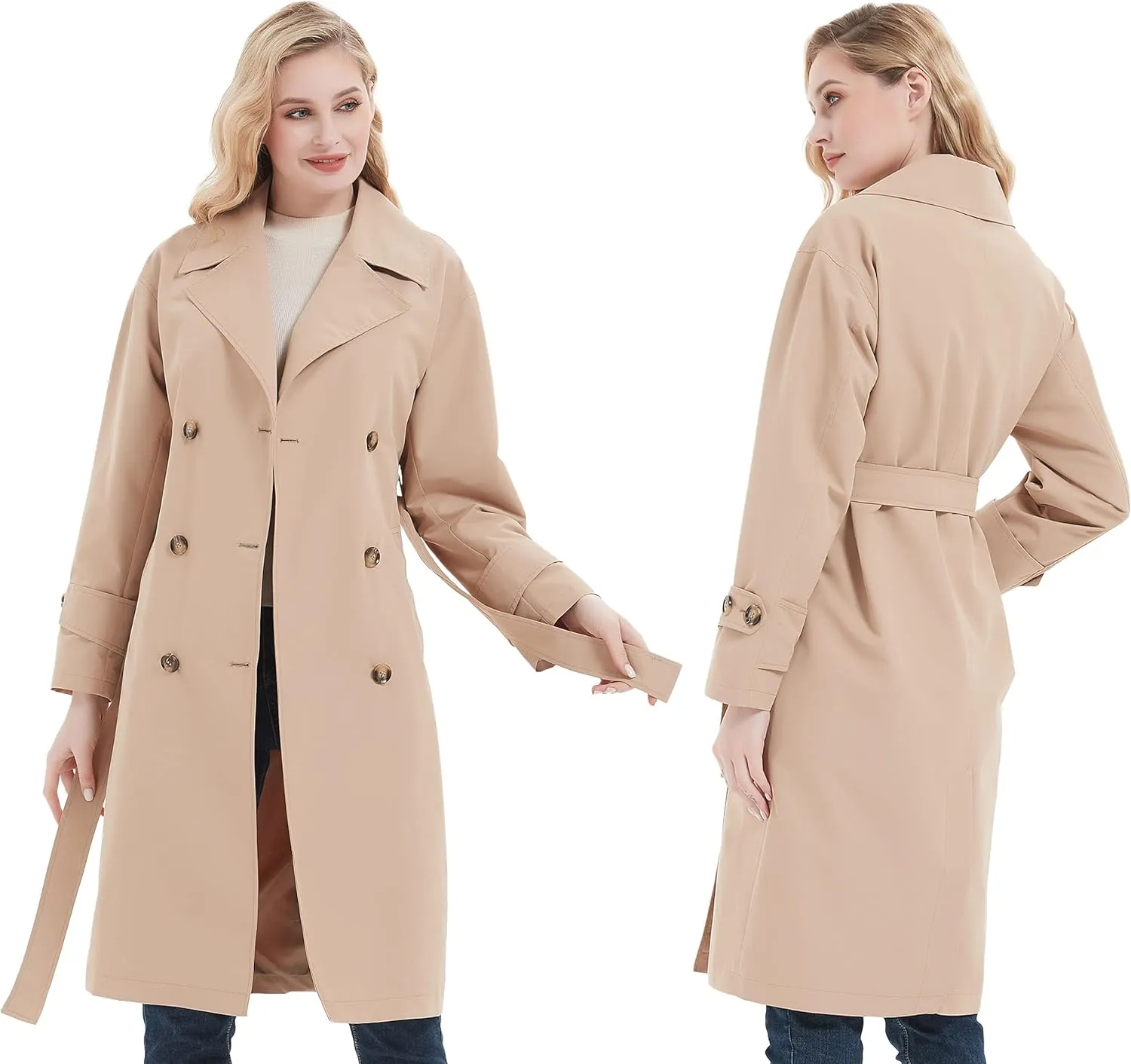 RISISSIDA Women Trench Coats, Water Resistant Double Breasted Long Jacket Belted