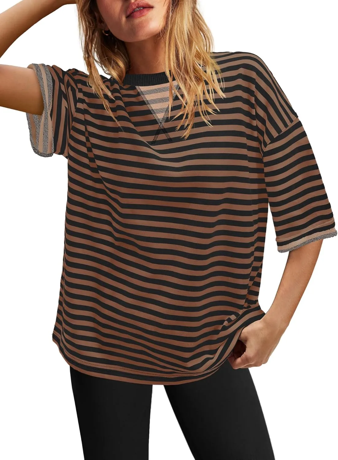 SENSERISE Womens Summer Tops Short Sleeve Sweatshirt Crewneck Striped T Shirt Oversized Basic Tees Casual Loose Fit