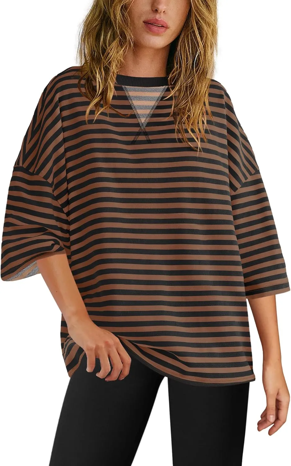 SENSERISE Womens Summer Tops Short Sleeve Sweatshirt Crewneck Striped T Shirt Oversized Basic Tees Casual Loose Fit
