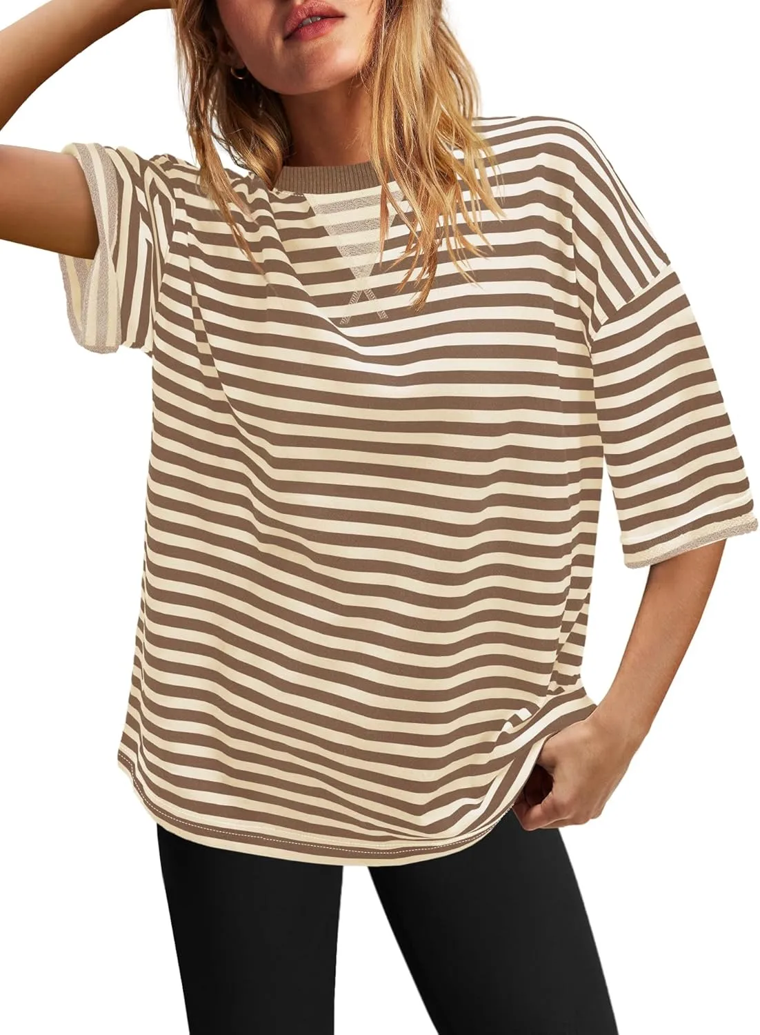 SENSERISE Womens Summer Tops Short Sleeve Sweatshirt Crewneck Striped T Shirt Oversized Basic Tees Casual Loose Fit