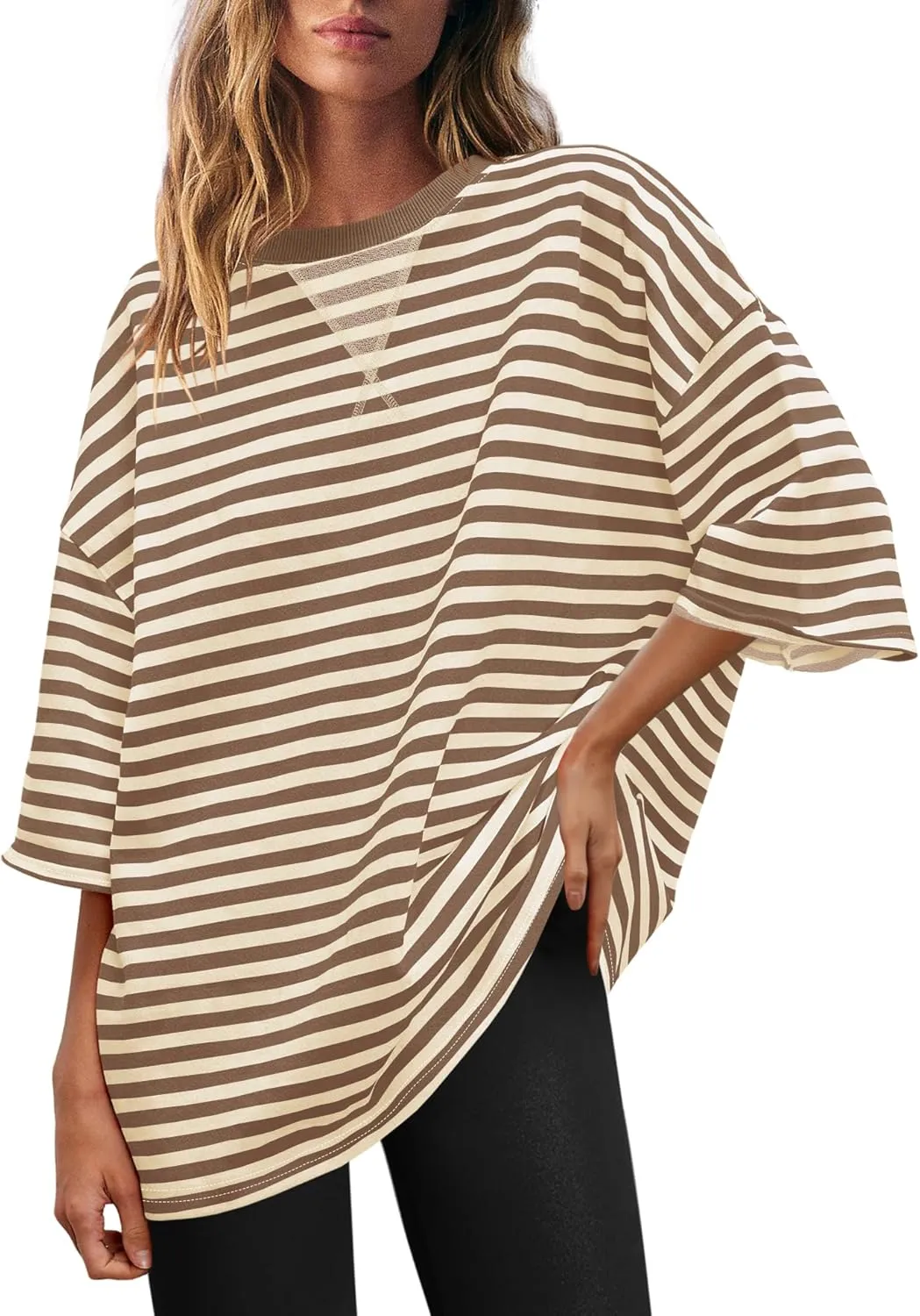 SENSERISE Womens Summer Tops Short Sleeve Sweatshirt Crewneck Striped T Shirt Oversized Basic Tees Casual Loose Fit