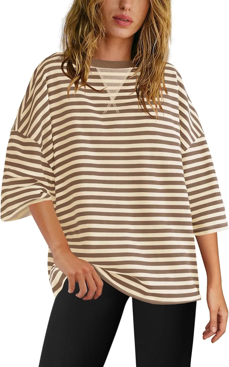 SENSERISE Womens Summer Tops Short Sleeve Sweatshirt Crewneck Striped T Shirt Oversized Basic Tees Casual Loose Fit
