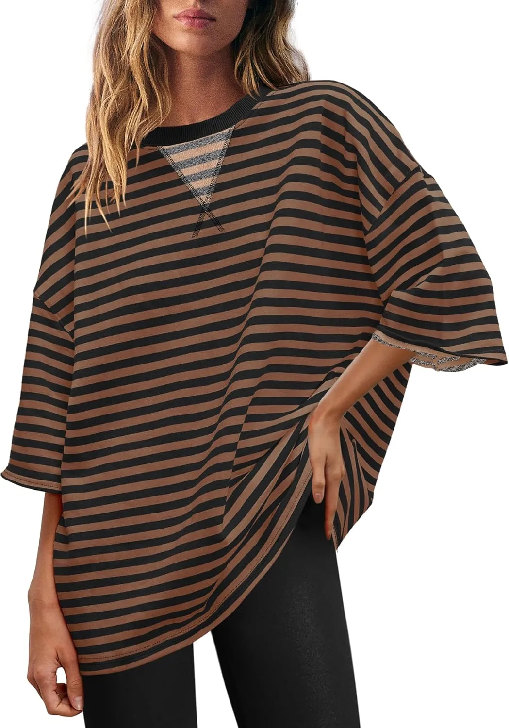 SENSERISE Womens Summer Tops Short Sleeve Sweatshirt Crewneck Striped T Shirt Oversized Basic Tees Casual Loose Fit