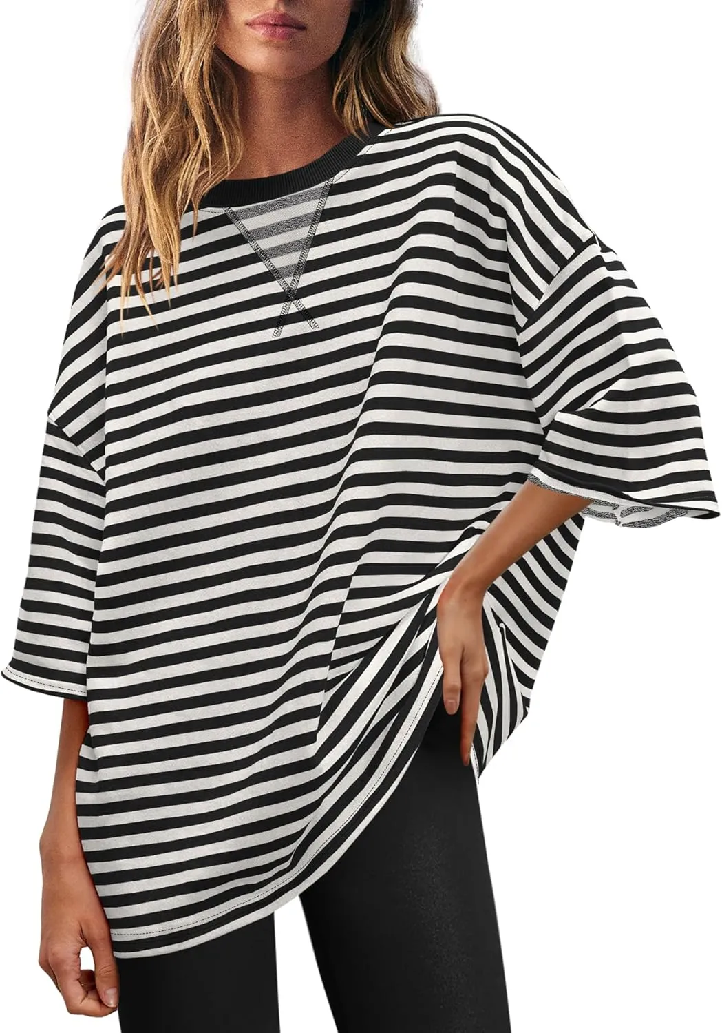 SENSERISE Womens Summer Tops Short Sleeve Sweatshirt Crewneck Striped T Shirt Oversized Basic Tees Casual Loose Fit